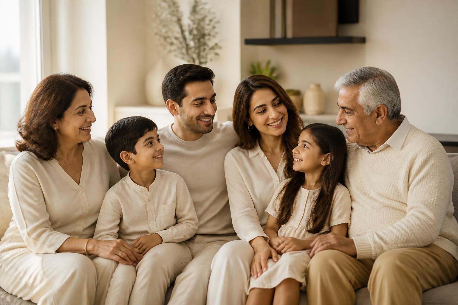 Three generations of a family sitting together on a sofa in a sunlit living room